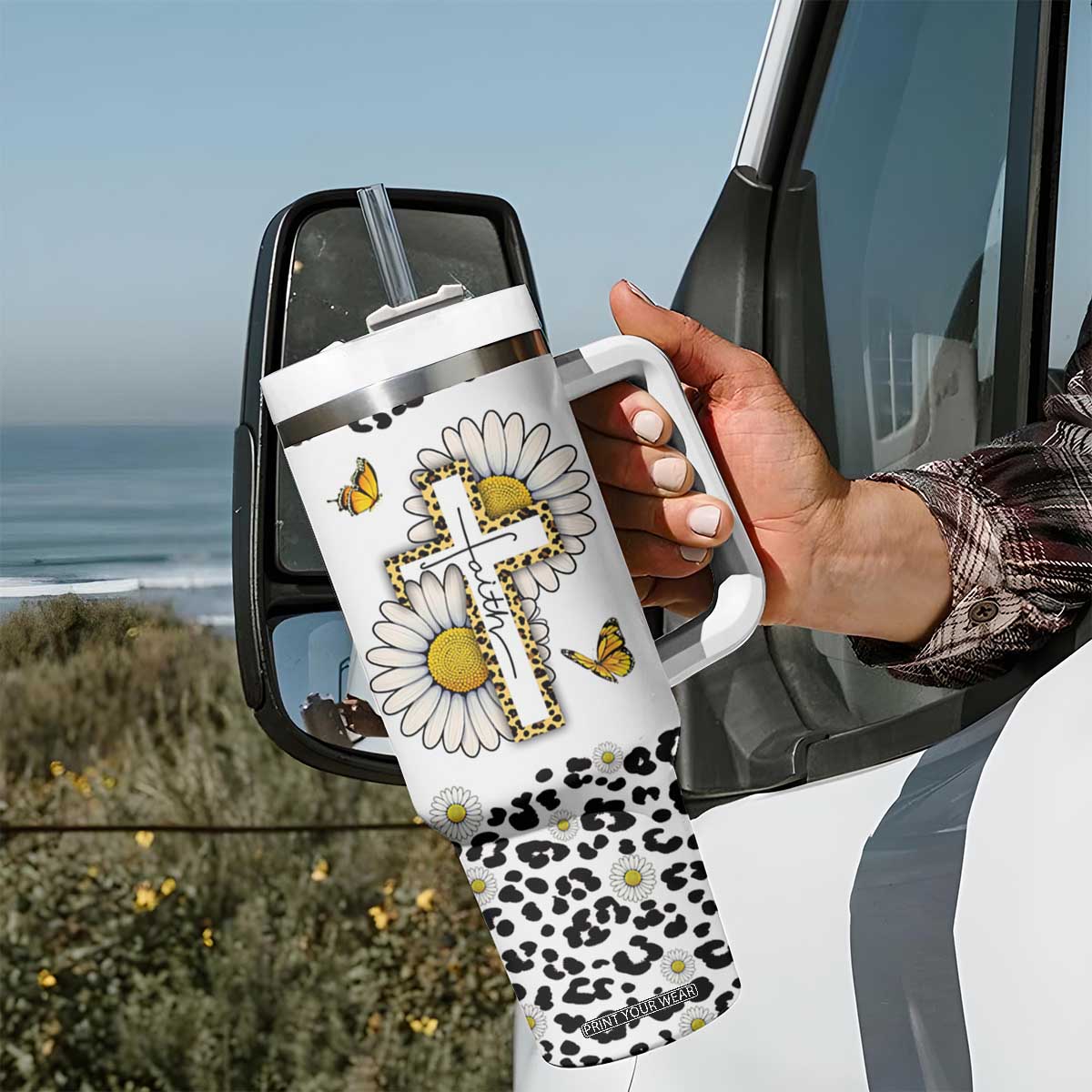 Christian Faith Daisy Leopard Tumbler With Handle With God All Things Are Possible Inspirational Bible Verse Religious Gifts TB02 Print Your Wear