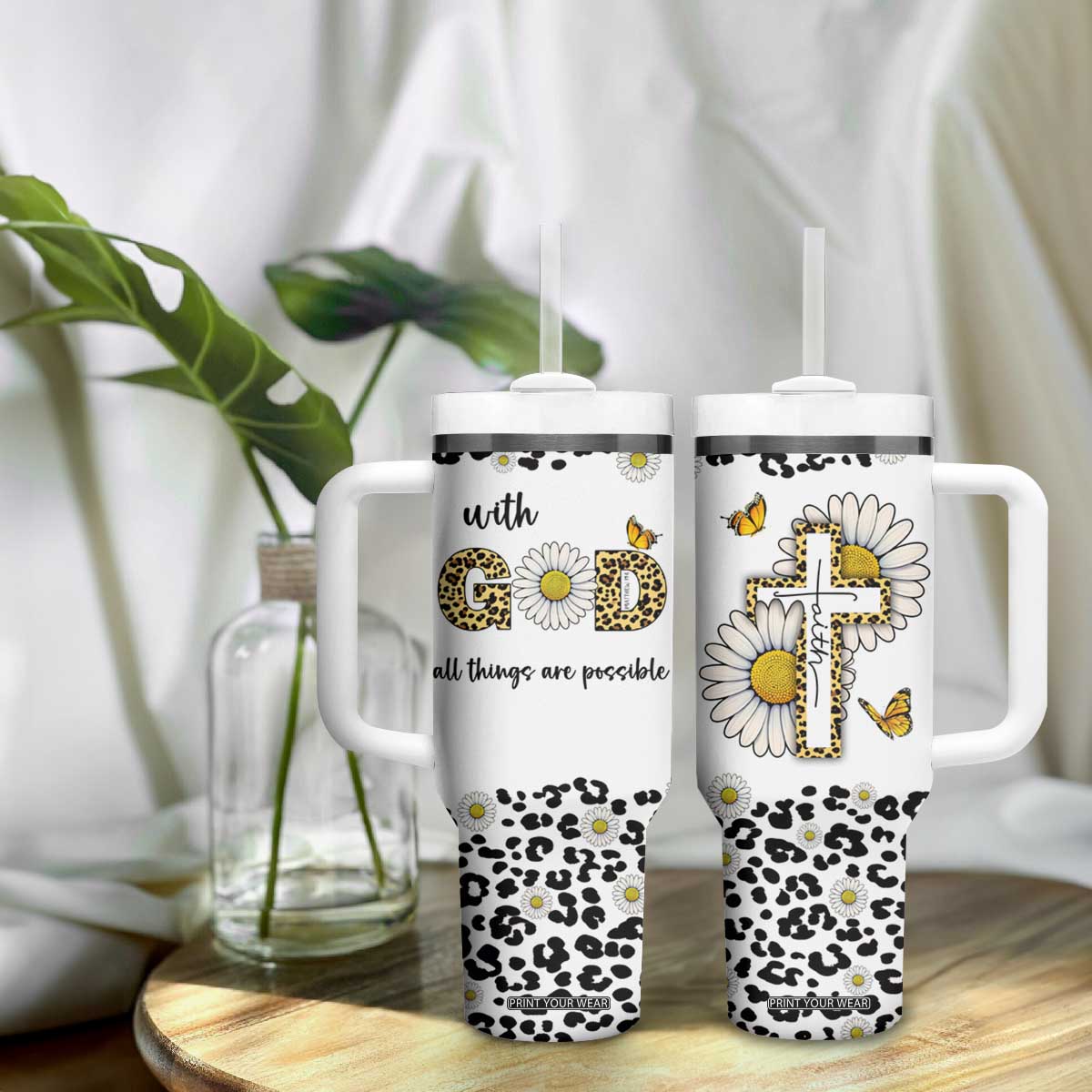Christian Faith Daisy Leopard Tumbler With Handle With God All Things Are Possible Inspirational Bible Verse Religious Gifts TB02 Print Your Wear