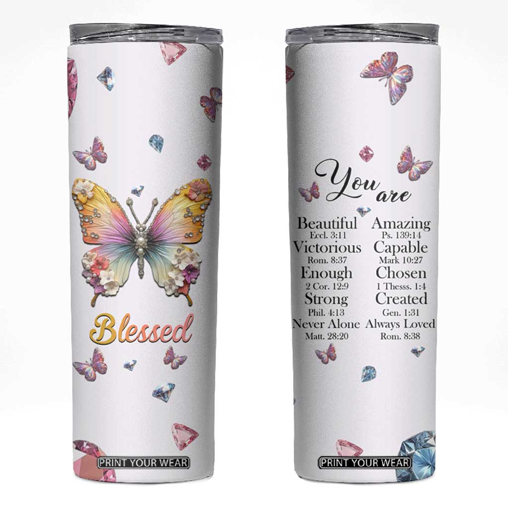 Floral Butterfly Christian Skinny Tumbler Blessed Inspirational Bible Verses Faith-based Religious Scripture TB02 White Print Your Wear