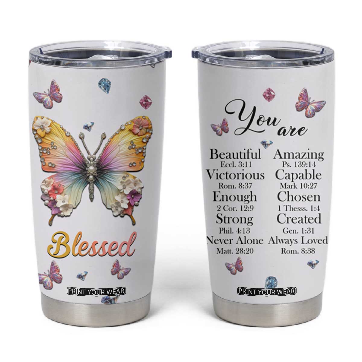 Floral Butterfly Christian Tumbler Cup Blessed Inspirational Bible Verses Faith-based Religious Scripture TB02 White Print Your Wear