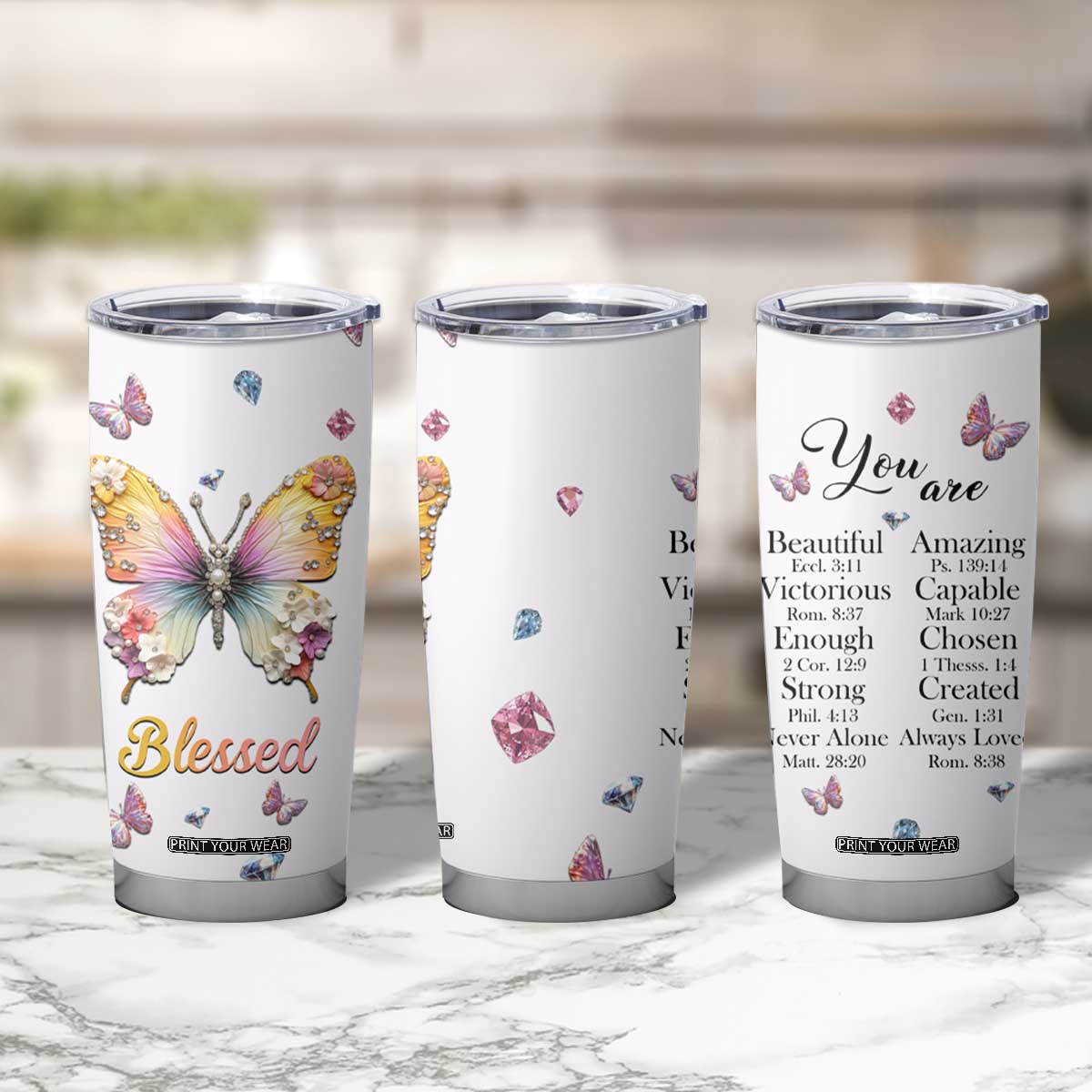 Floral Butterfly Christian Tumbler Cup Blessed Inspirational Bible Verses Faith-based Religious Scripture TB02 Print Your Wear