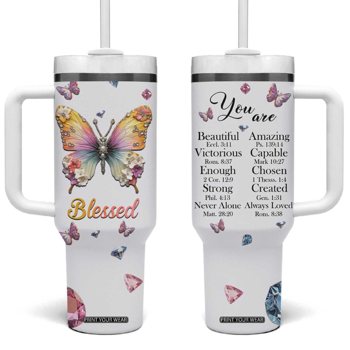 Floral Butterfly Christian Tumbler With Handle Blessed Inspirational Bible Verses Faith-based Religious Scripture TB02 One Size: 40 oz White Print Your Wear