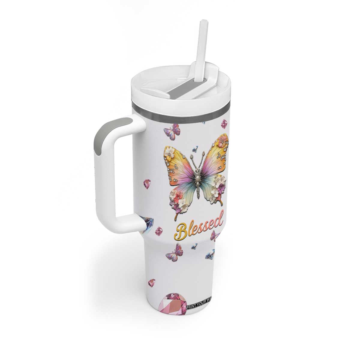 Floral Butterfly Christian Tumbler With Handle Blessed Inspirational Bible Verses Faith-based Religious Scripture TB02 Print Your Wear