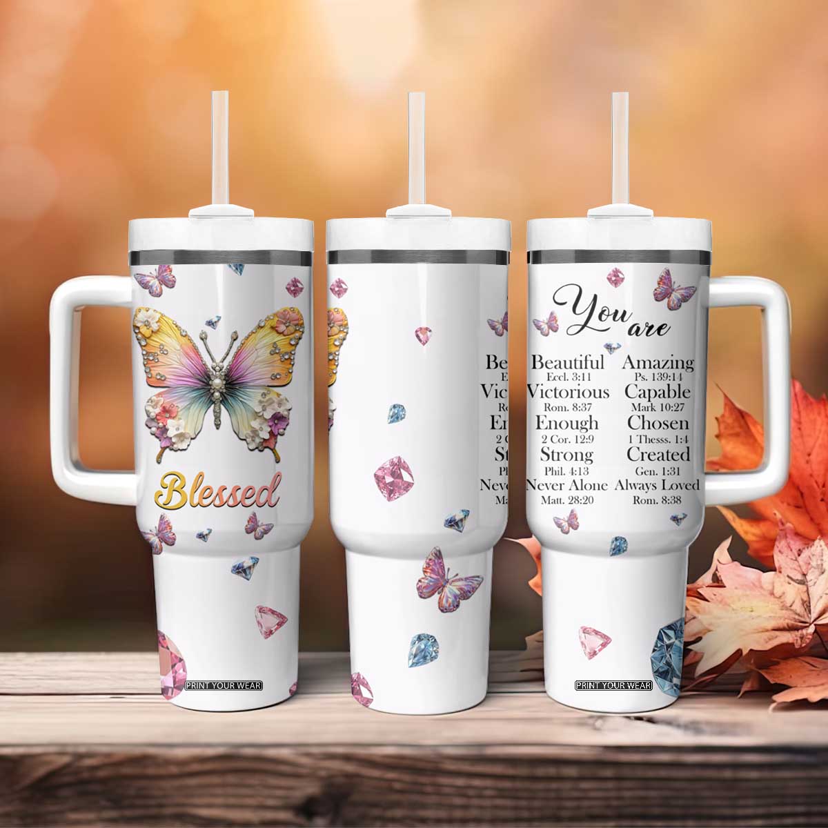Floral Butterfly Christian Tumbler With Handle Blessed Inspirational Bible Verses Faith-based Religious Scripture TB02 Print Your Wear