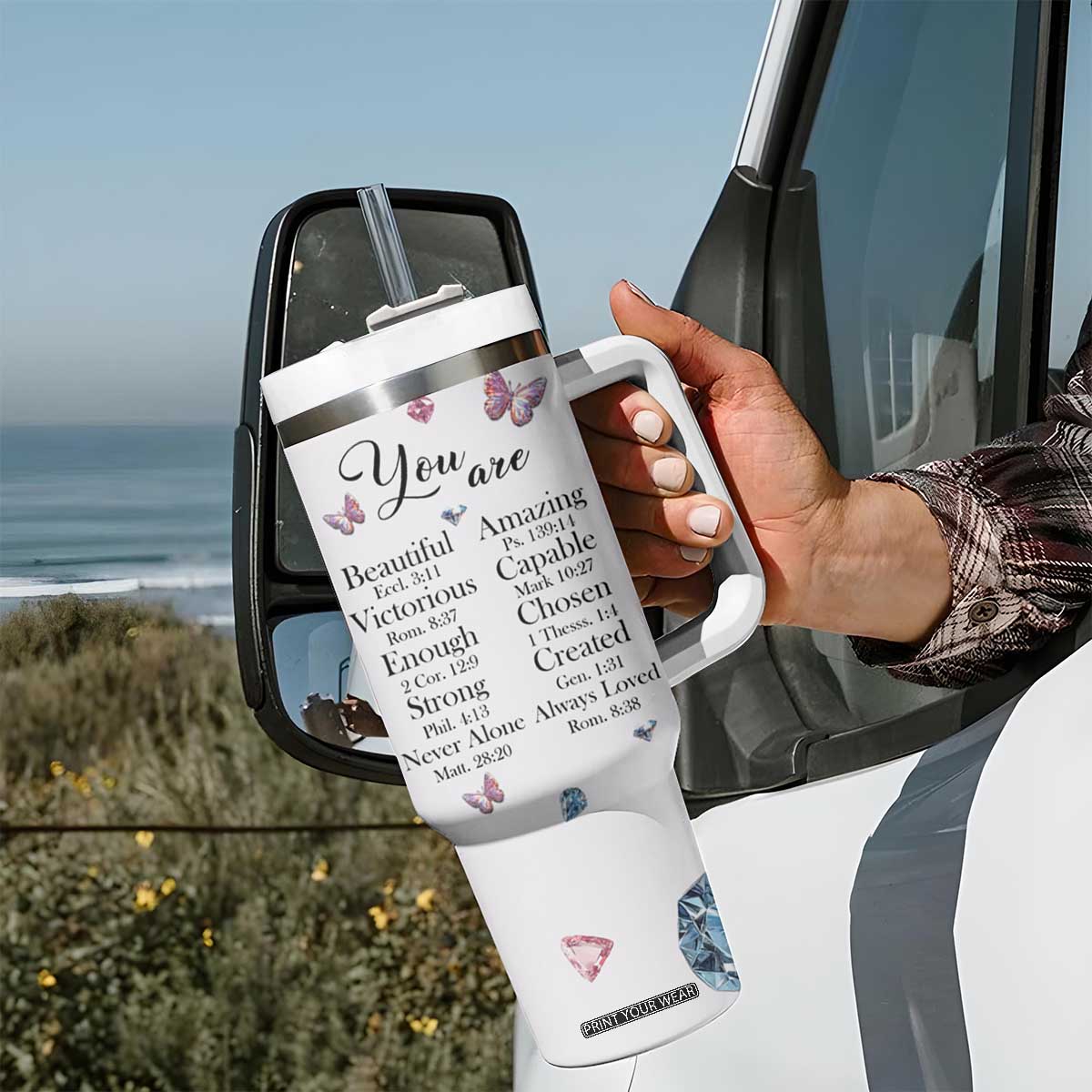 Floral Butterfly Christian Tumbler With Handle Blessed Inspirational Bible Verses Faith-based Religious Scripture TB02 Print Your Wear