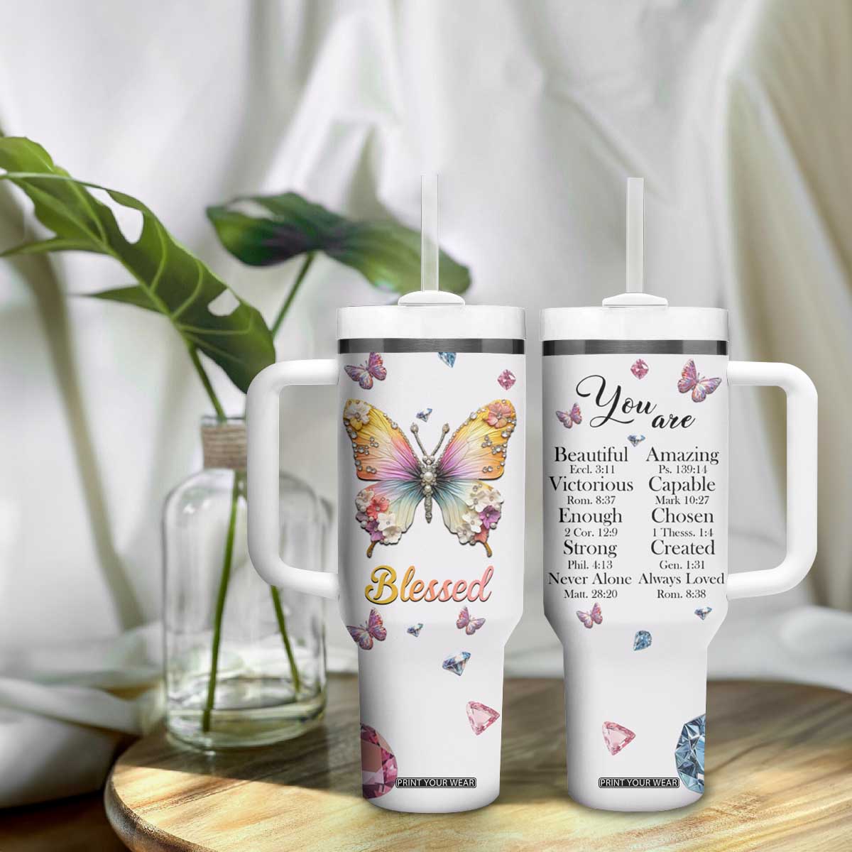 Floral Butterfly Christian Tumbler With Handle Blessed Inspirational Bible Verses Faith-based Religious Scripture TB02 Print Your Wear