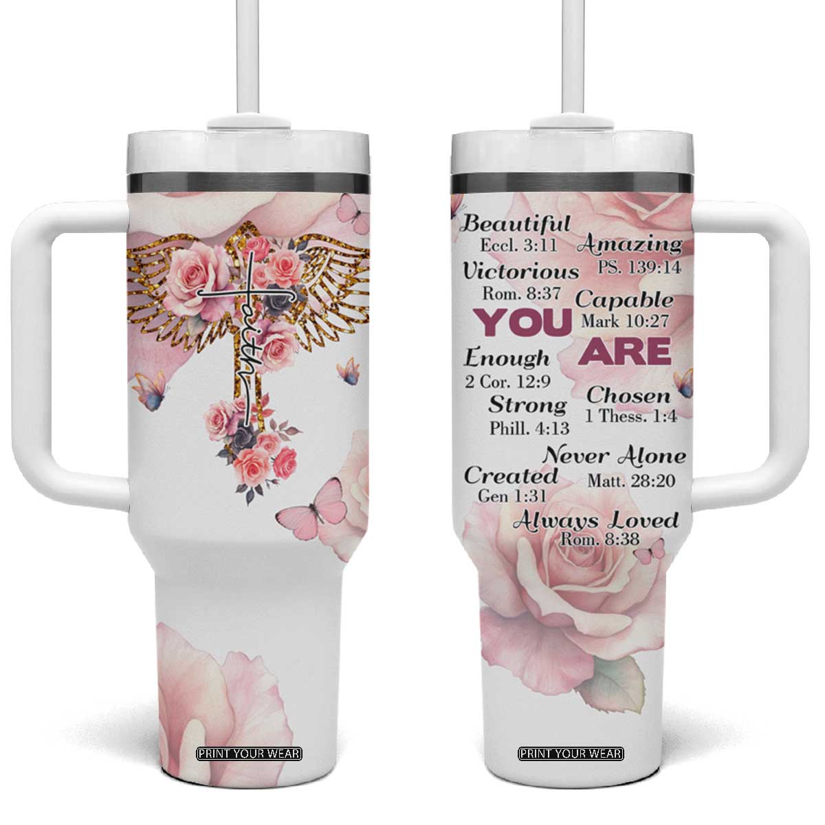 Floral Christian Faith Tumbler With Handle Inspirational Bible Verses Faith-based Religious Scripture TB02 One Size: 40 oz White Print Your Wear