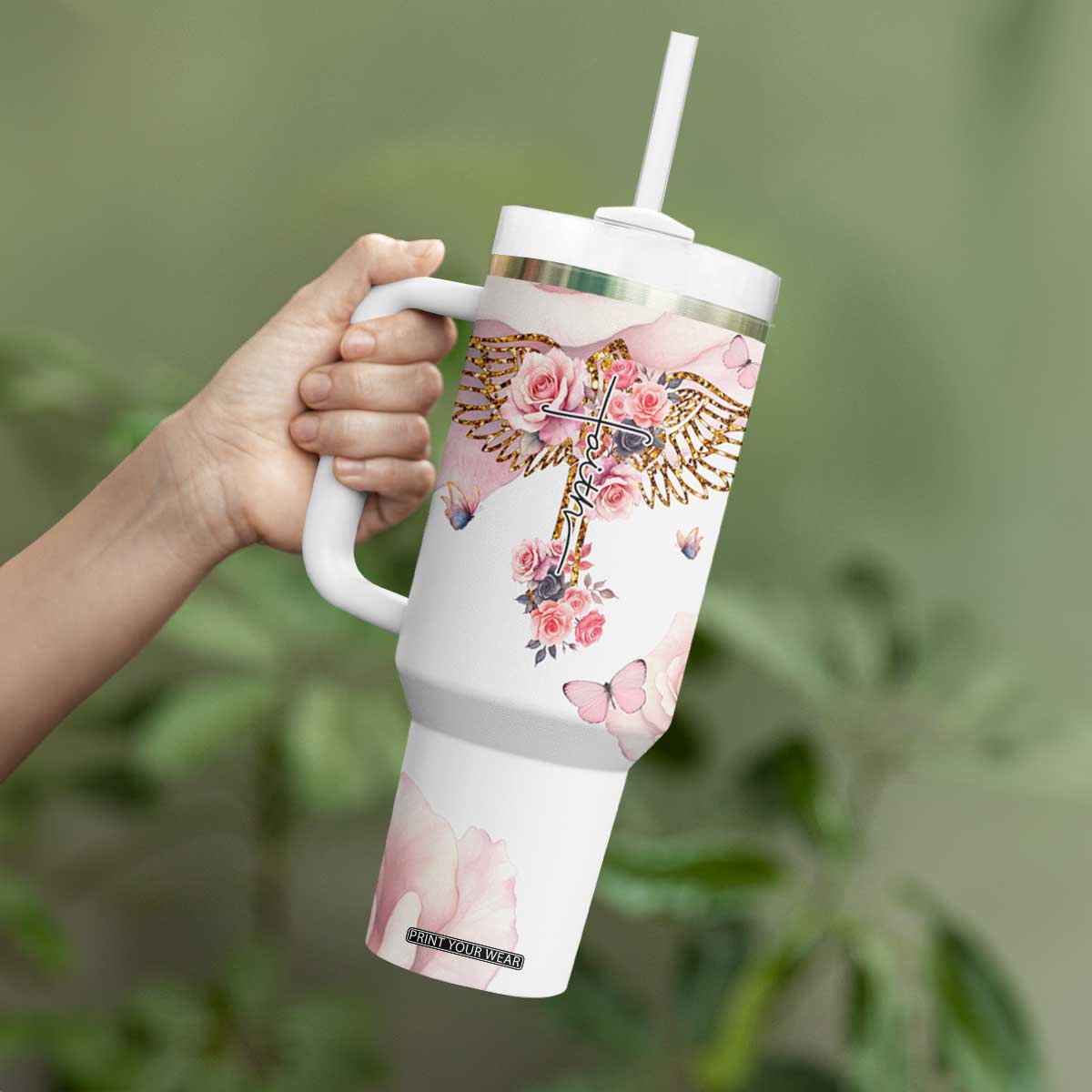 Floral Christian Faith Tumbler With Handle Inspirational Bible Verses Faith-based Religious Scripture TB02 Print Your Wear