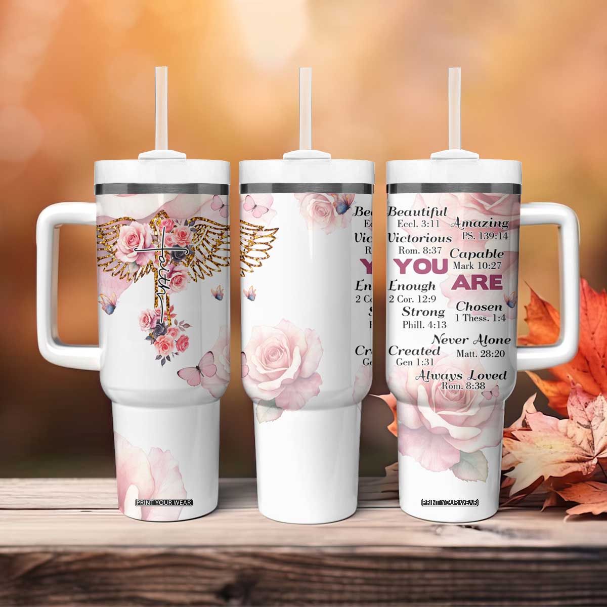 Floral Christian Faith Tumbler With Handle Inspirational Bible Verses Faith-based Religious Scripture TB02 Print Your Wear