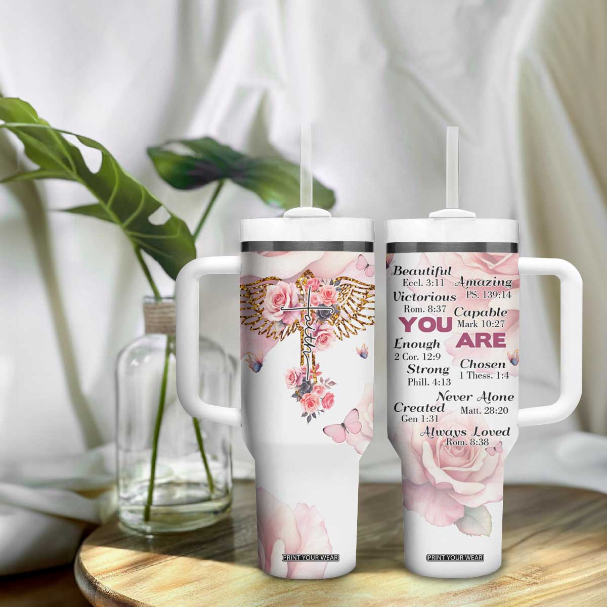 Floral Christian Faith Tumbler With Handle Inspirational Bible Verses Faith-based Religious Scripture TB02 Print Your Wear