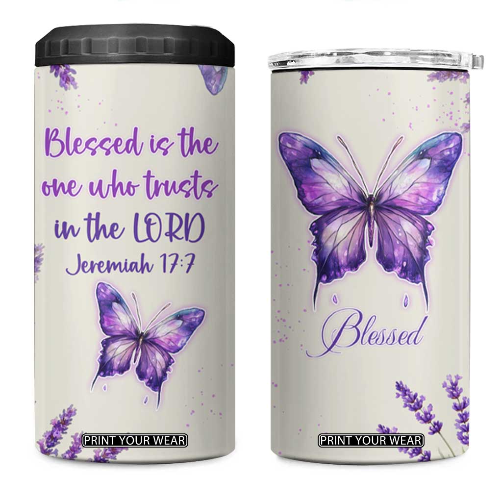 Inspirational Christian Faith Butterfly 4 in 1 Can Cooler Tumbler Blessed Is The One Who Trusts In The Lord Bible Verses Religious Scripture TB02 One Size: 16 oz White Print Your Wear