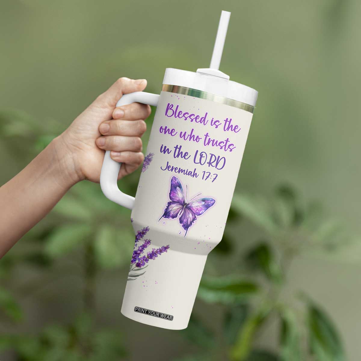 Inspirational Christian Faith Butterfly Tumbler With Handle Blessed Is The One Who Trusts In The Lord Bible Verses Religious Scripture TB02 Print Your Wear