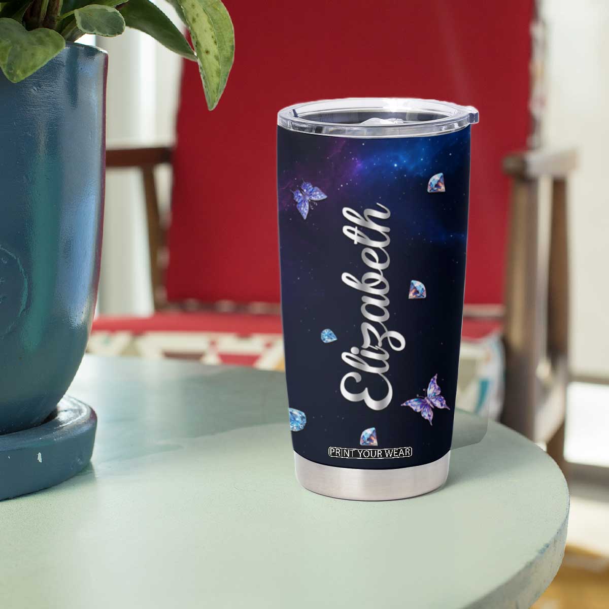 Personalized Name Butterfly Tumbler Cup Blue Galaxy Gem Butterflies Gifts TB02 Print Your Wear