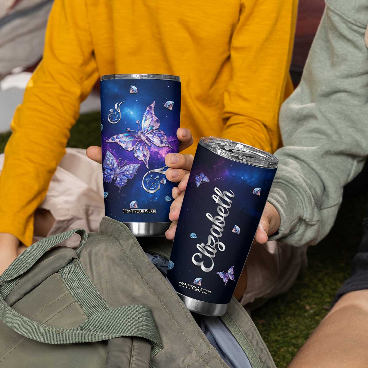 Personalized Name Butterfly Tumbler Cup Blue Galaxy Gem Butterflies Gifts TB02 Print Your Wear