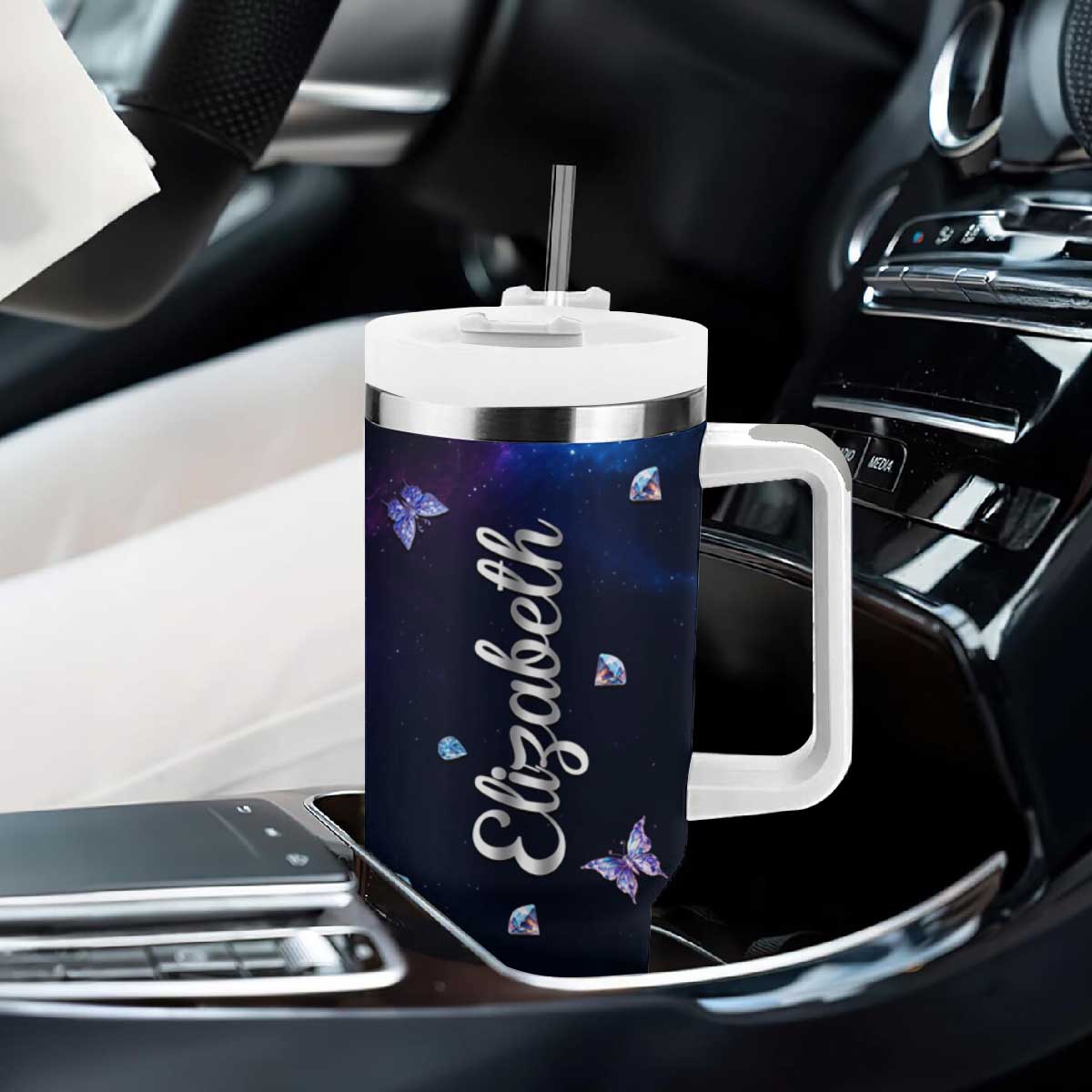 Personalized Name Butterfly Tumbler With Handle Blue Galaxy Gem Butterflies Gifts TB02 Print Your Wear