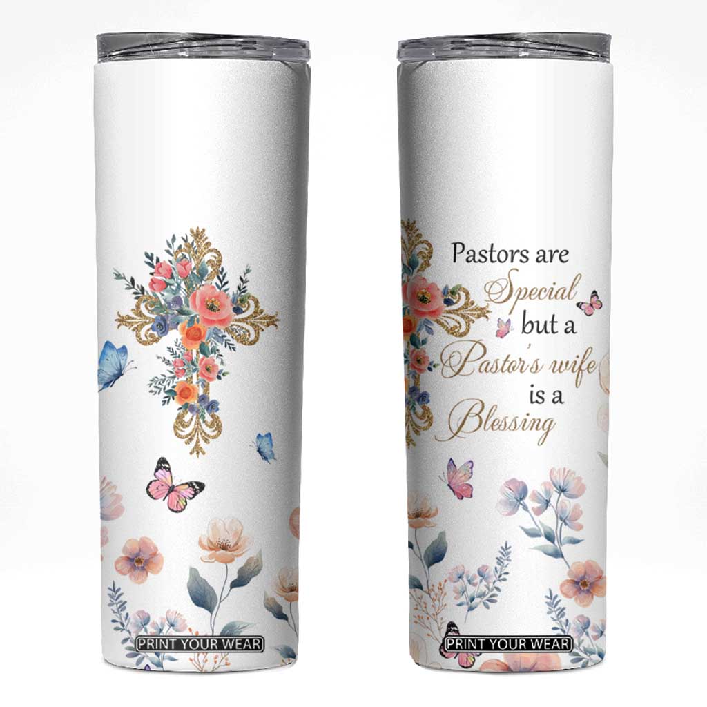 Blessed Pastors Wife Skinny Tumbler Christian Botanical Floral Cross Religious Pastor Appreciation TB02 White Print Your Wear