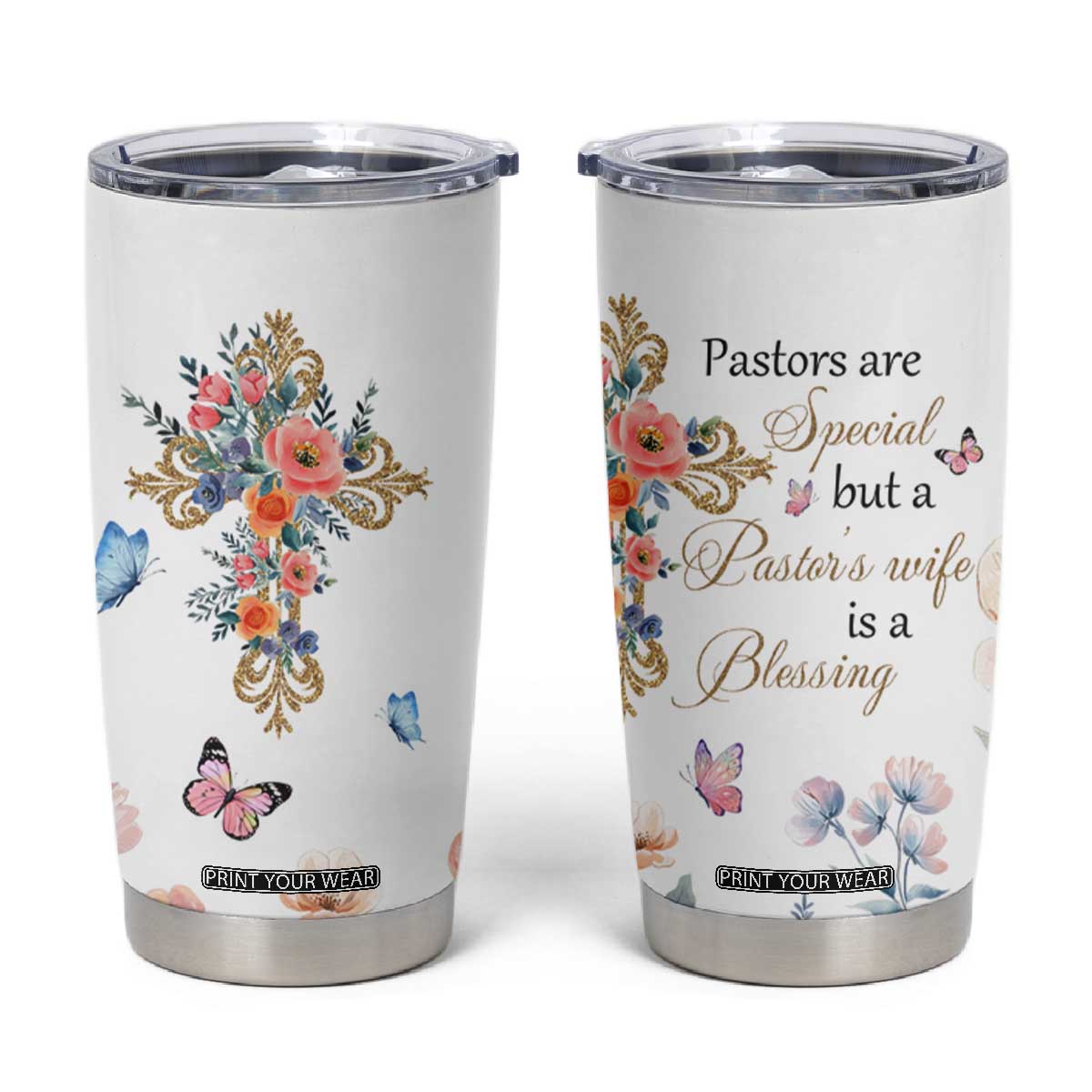 Blessed Pastors Wife Tumbler Cup Christian Botanical Floral Cross Religious Pastor Appreciation TB02 White Print Your Wear