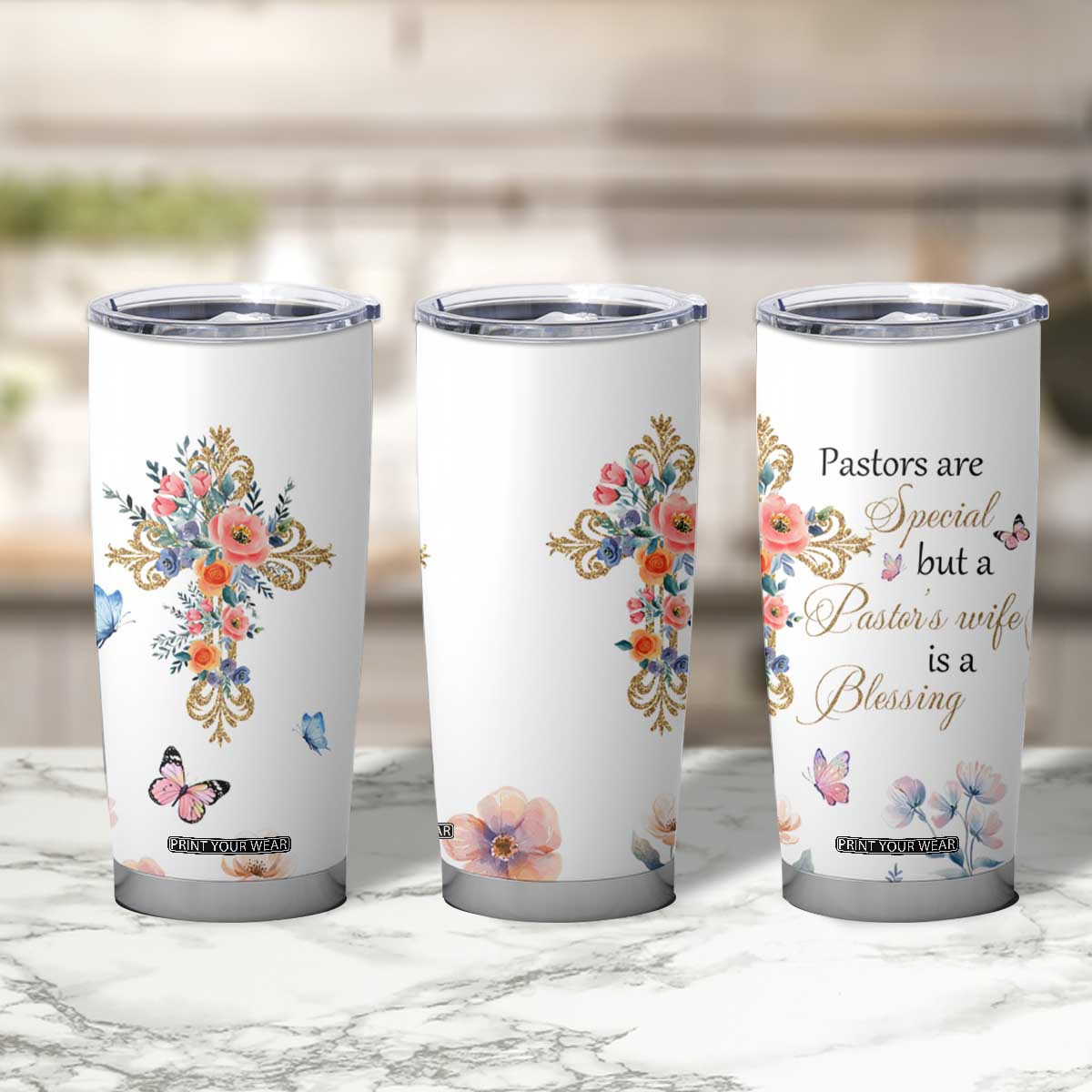 Blessed Pastors Wife Tumbler Cup Christian Botanical Floral Cross Religious Pastor Appreciation TB02 Print Your Wear