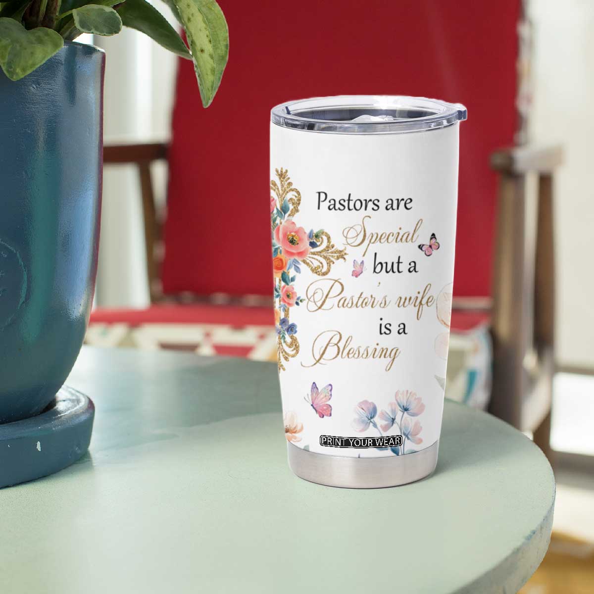Blessed Pastors Wife Tumbler Cup Christian Botanical Floral Cross Religious Pastor Appreciation TB02 Print Your Wear