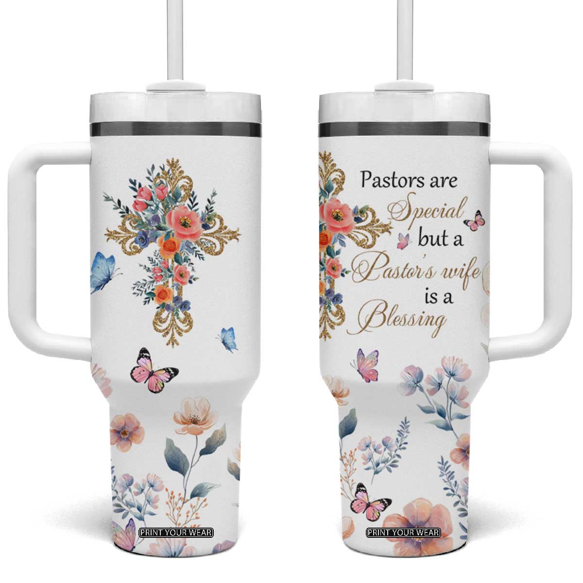 Blessed Pastors Wife Tumbler With Handle Christian Botanical Floral Cross Religious Pastor Appreciation TB02 One Size: 40 oz White Print Your Wear