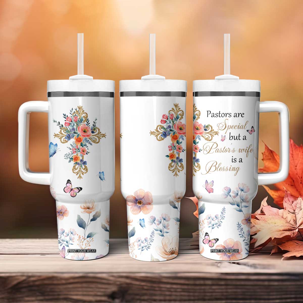Blessed Pastors Wife Tumbler With Handle Christian Botanical Floral Cross Religious Pastor Appreciation TB02 Print Your Wear