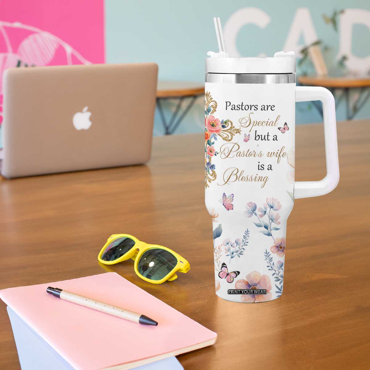 Blessed Pastors Wife Tumbler With Handle Christian Botanical Floral Cross Religious Pastor Appreciation TB02 Print Your Wear