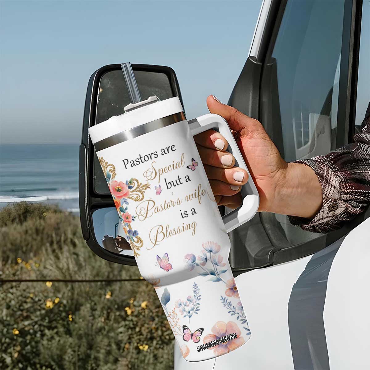 Blessed Pastors Wife Tumbler With Handle Christian Botanical Floral Cross Religious Pastor Appreciation TB02 Print Your Wear
