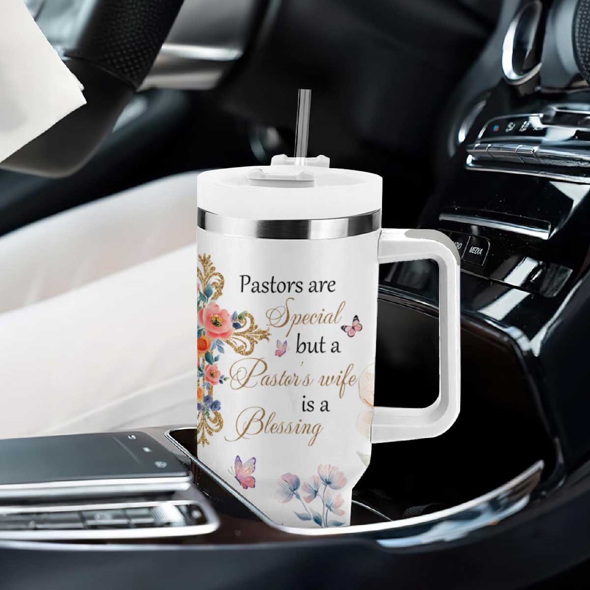 Blessed Pastors Wife Tumbler With Handle Christian Botanical Floral Cross Religious Pastor Appreciation TB02 Print Your Wear