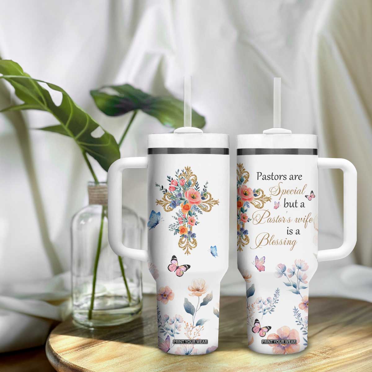 Blessed Pastors Wife Tumbler With Handle Christian Botanical Floral Cross Religious Pastor Appreciation TB02 Print Your Wear
