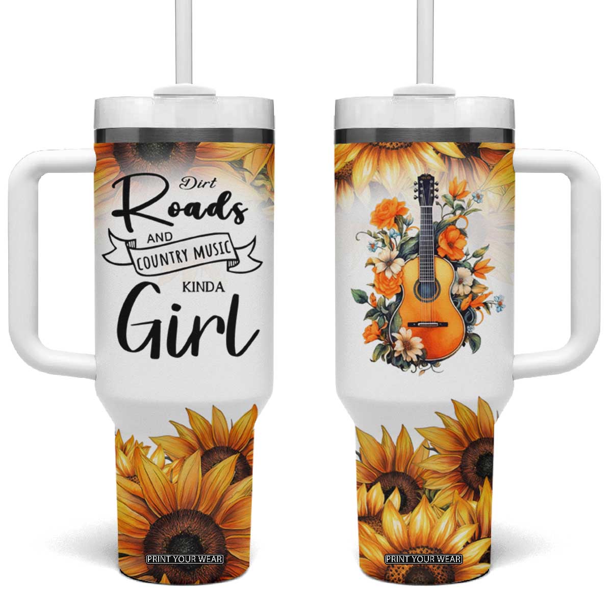 Dirt Roads And Country Music Girl Tumbler With Handle Rustic Sunflower Floral Guitar Southern Cowgirl TB02 One Size: 40 oz White Print Your Wear