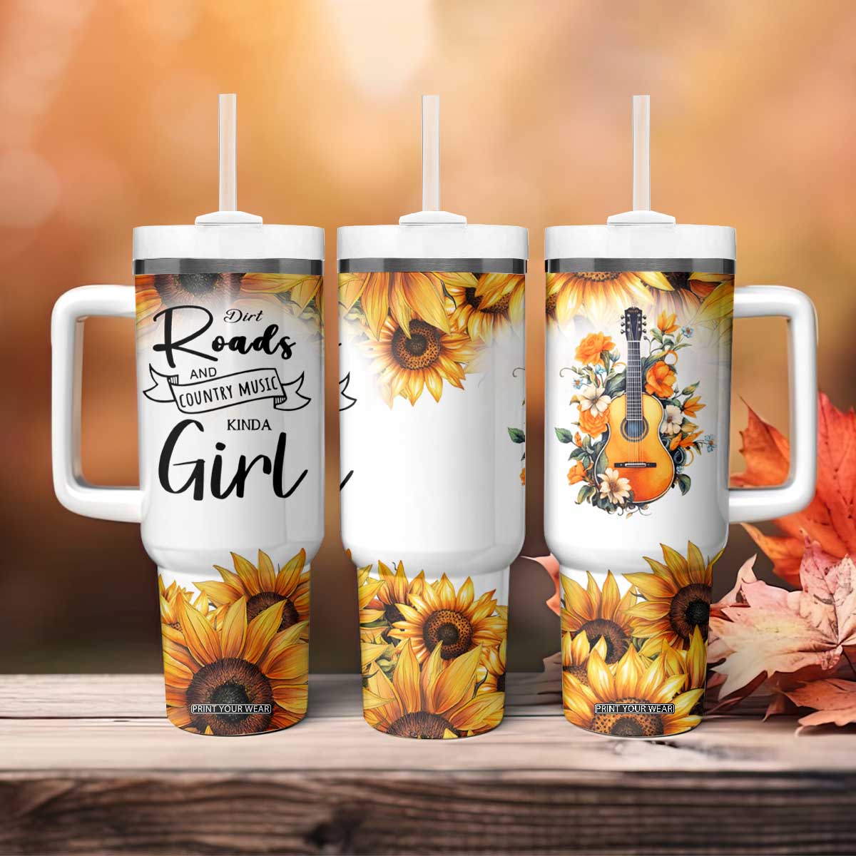 Dirt Roads And Country Music Girl Tumbler With Handle Rustic Sunflower Floral Guitar Southern Cowgirl TB02 Print Your Wear