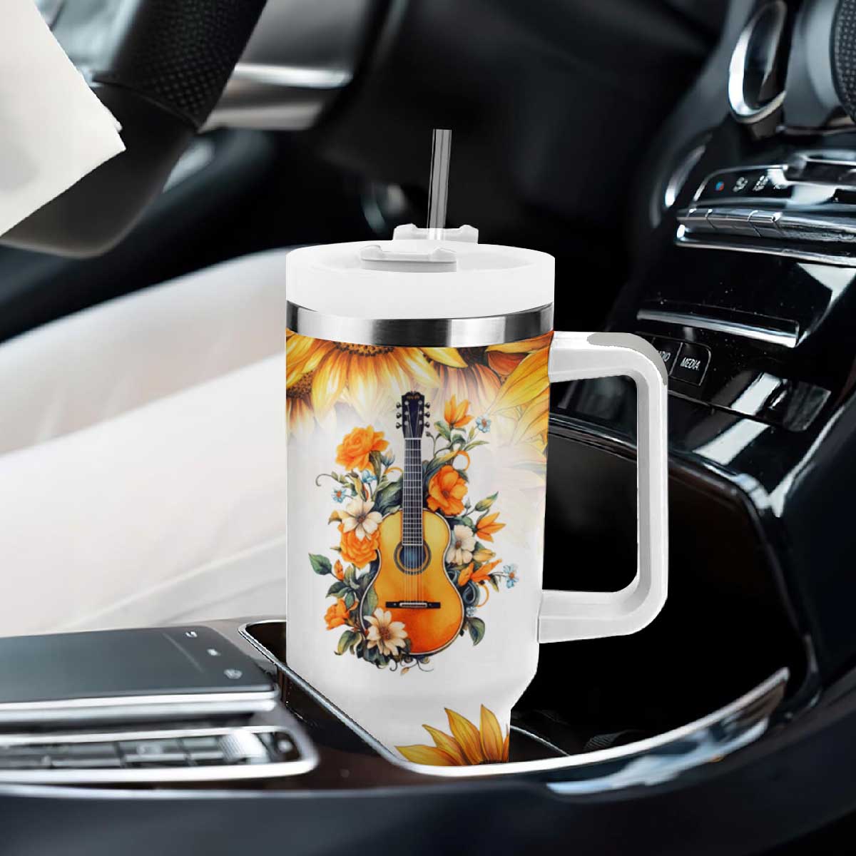 Dirt Roads And Country Music Girl Tumbler With Handle Rustic Sunflower Floral Guitar Southern Cowgirl TB02 Print Your Wear