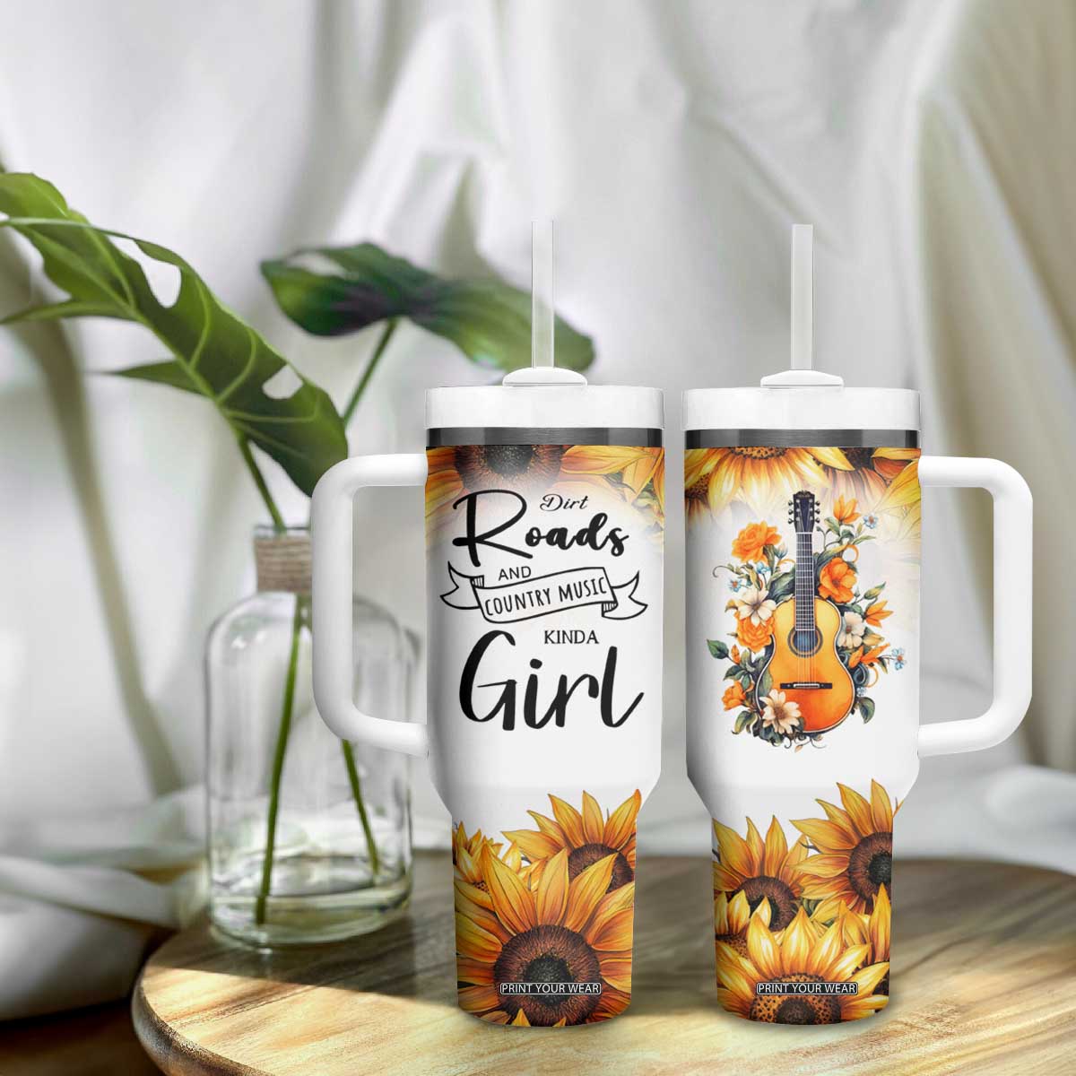 Dirt Roads And Country Music Girl Tumbler With Handle Rustic Sunflower Floral Guitar Southern Cowgirl TB02 Print Your Wear