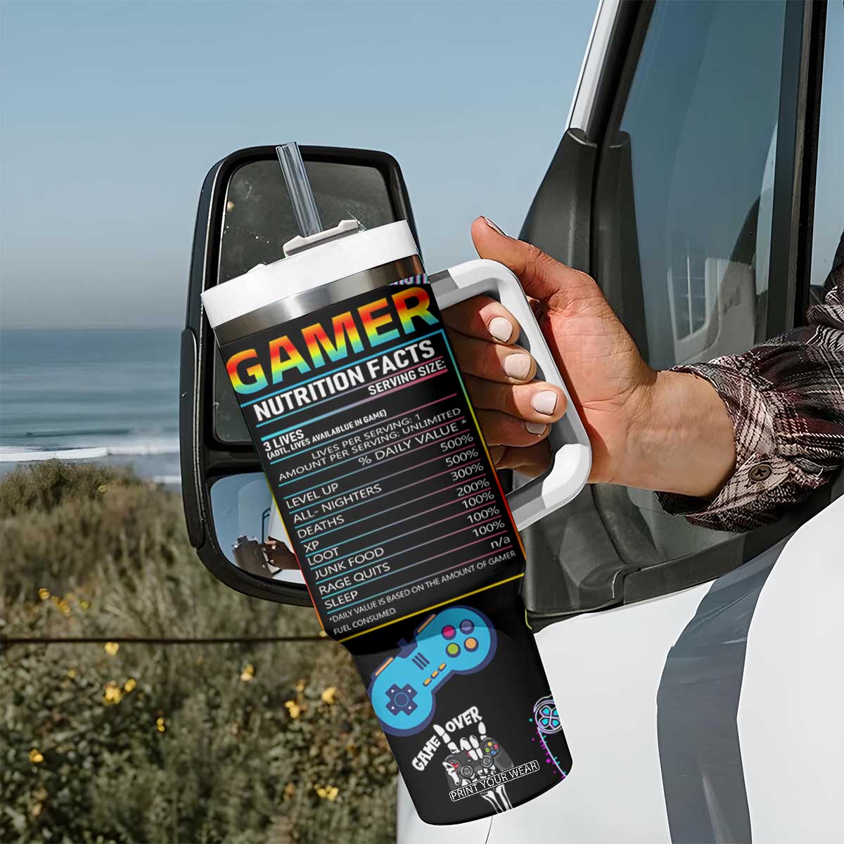 Gamer Nutrition Facts Tumbler With Handle Video Game Controller Funny Gaming Gift TB02 Print Your Wear