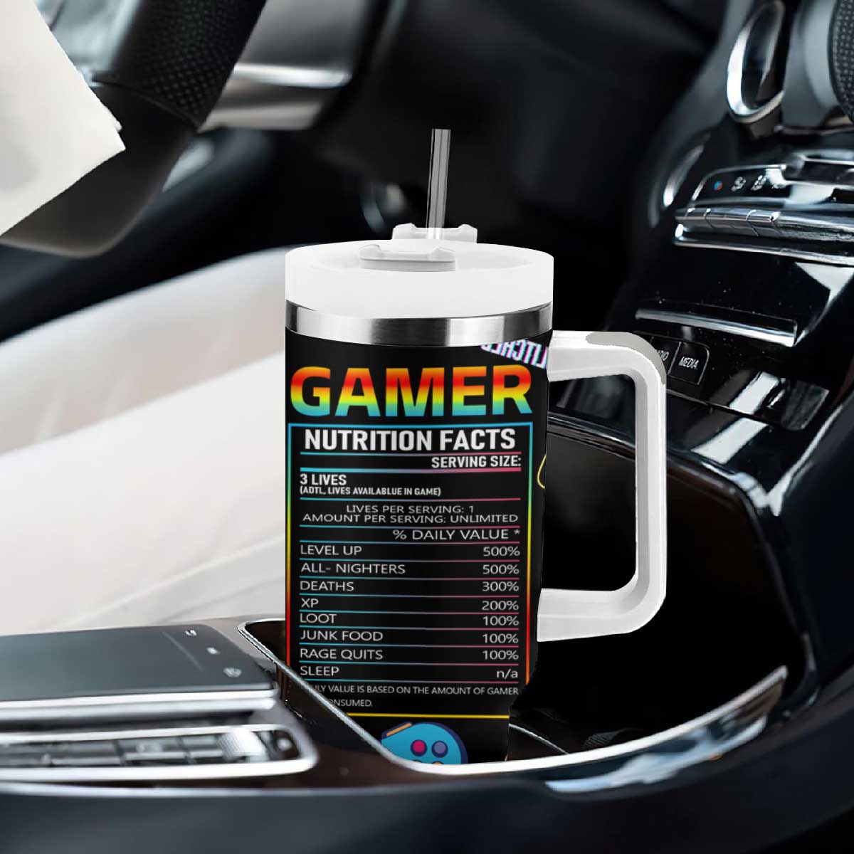 Gamer Nutrition Facts Tumbler With Handle Video Game Controller Funny Gaming Gift TB02 Print Your Wear