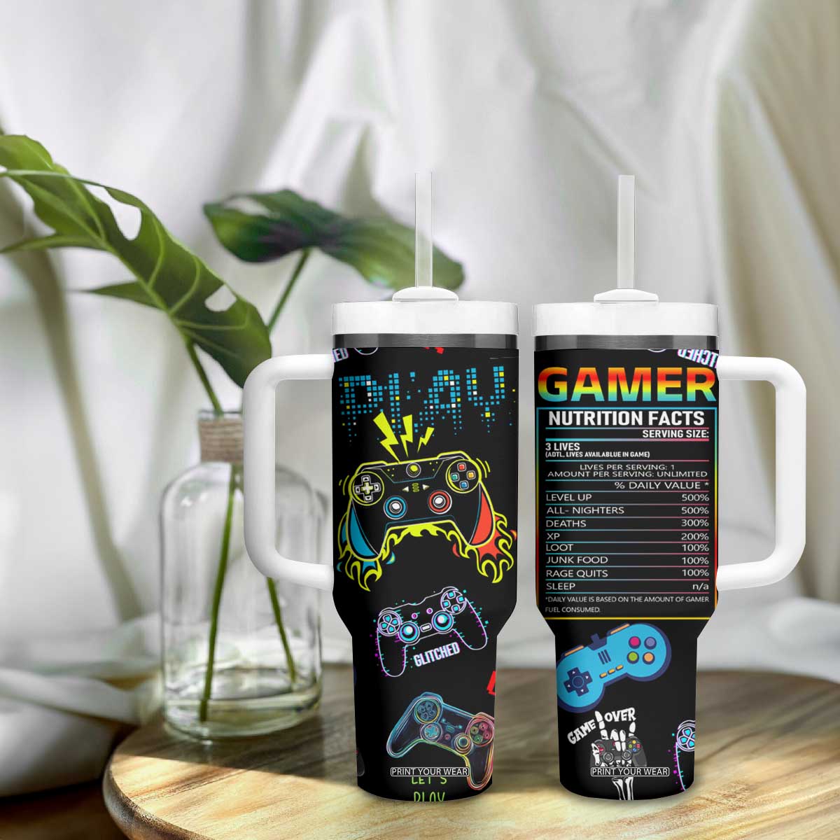 Gamer Nutrition Facts Tumbler With Handle Video Game Controller Funny Gaming Gift TB02 Print Your Wear