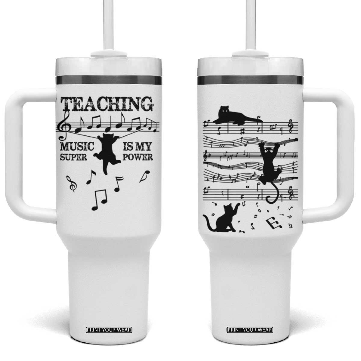 Music Teacher Tumbler With Handle Teaching Music Is My Superpower Musicians Funny Cat Music Notes TB02 One Size: 40 oz White Print Your Wear