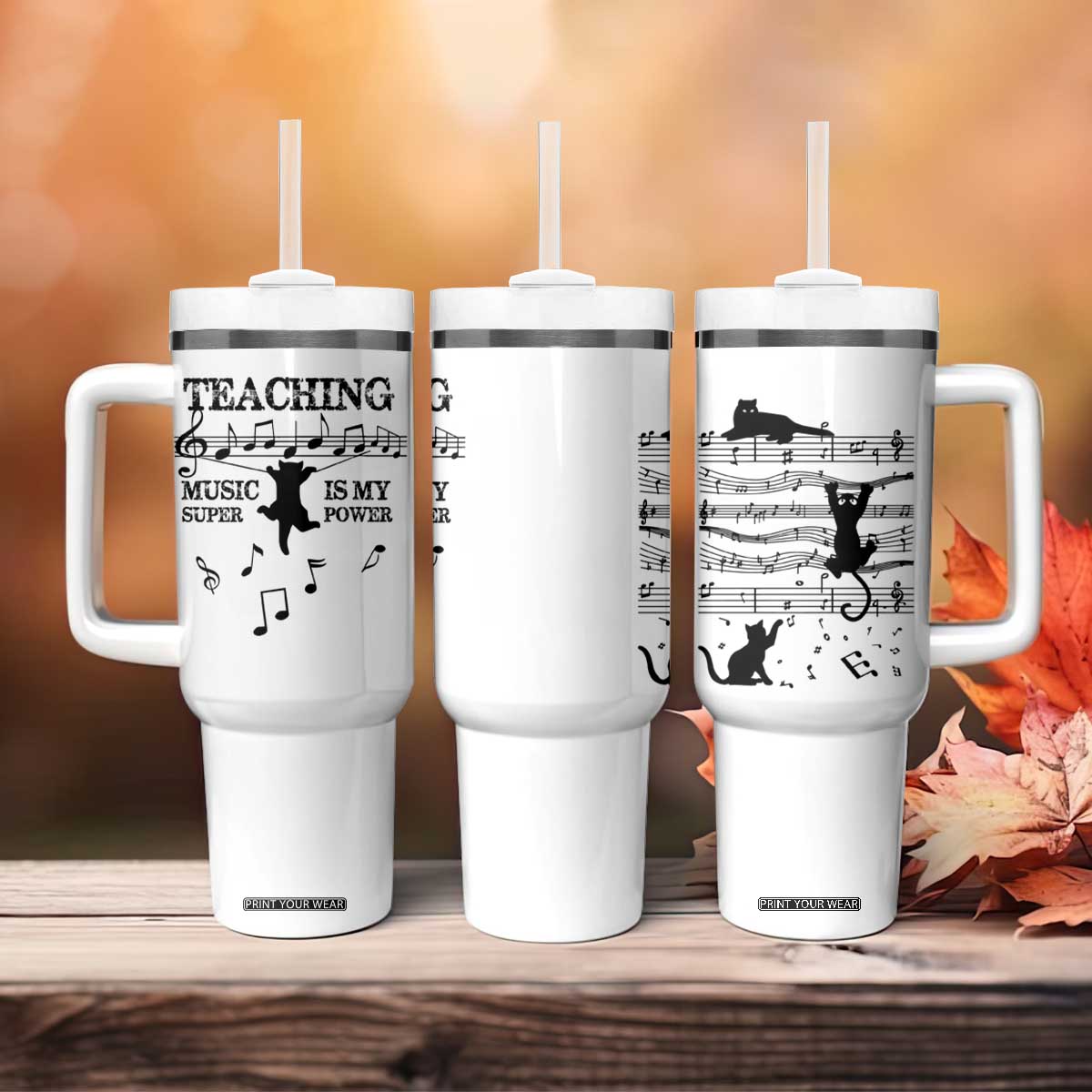 Music Teacher Tumbler With Handle Teaching Music Is My Superpower Musicians Funny Cat Music Notes TB02 Print Your Wear