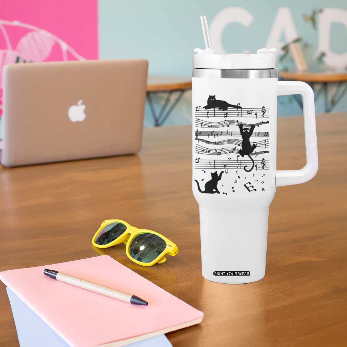 Music Teacher Tumbler With Handle Teaching Music Is My Superpower Musicians Funny Cat Music Notes TB02 Print Your Wear
