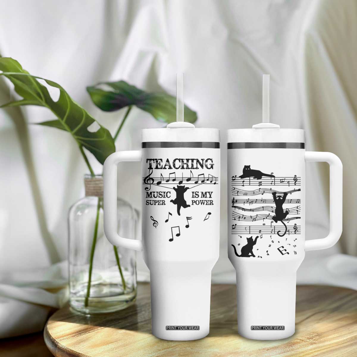 Music Teacher Tumbler With Handle Teaching Music Is My Superpower Musicians Funny Cat Music Notes TB02 Print Your Wear
