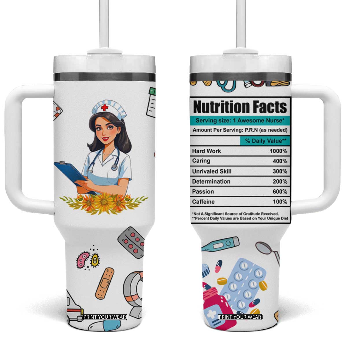 Funny Nurse Nutrition Facts Tumbler With Handle Medical Rn Healthcare Worker Appreciation, Nursing School Student Gift TB02 One Size: 40 oz White Print Your Wear