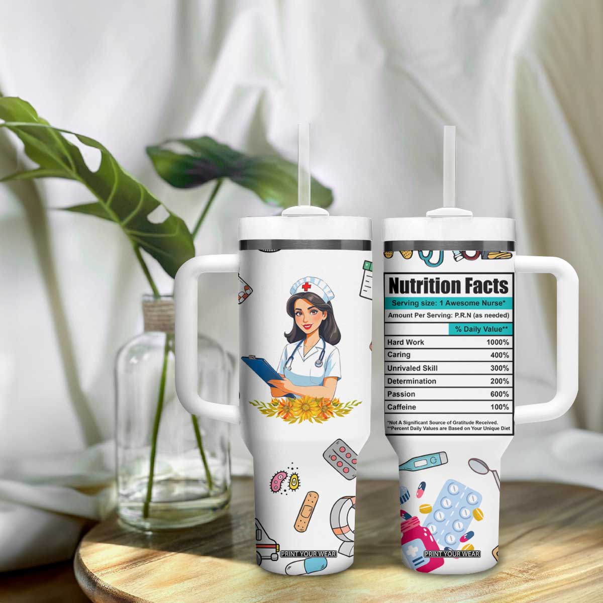 Funny Nurse Nutrition Facts Tumbler With Handle Medical Rn Healthcare Worker Appreciation, Nursing School Student Gift TB02 Print Your Wear