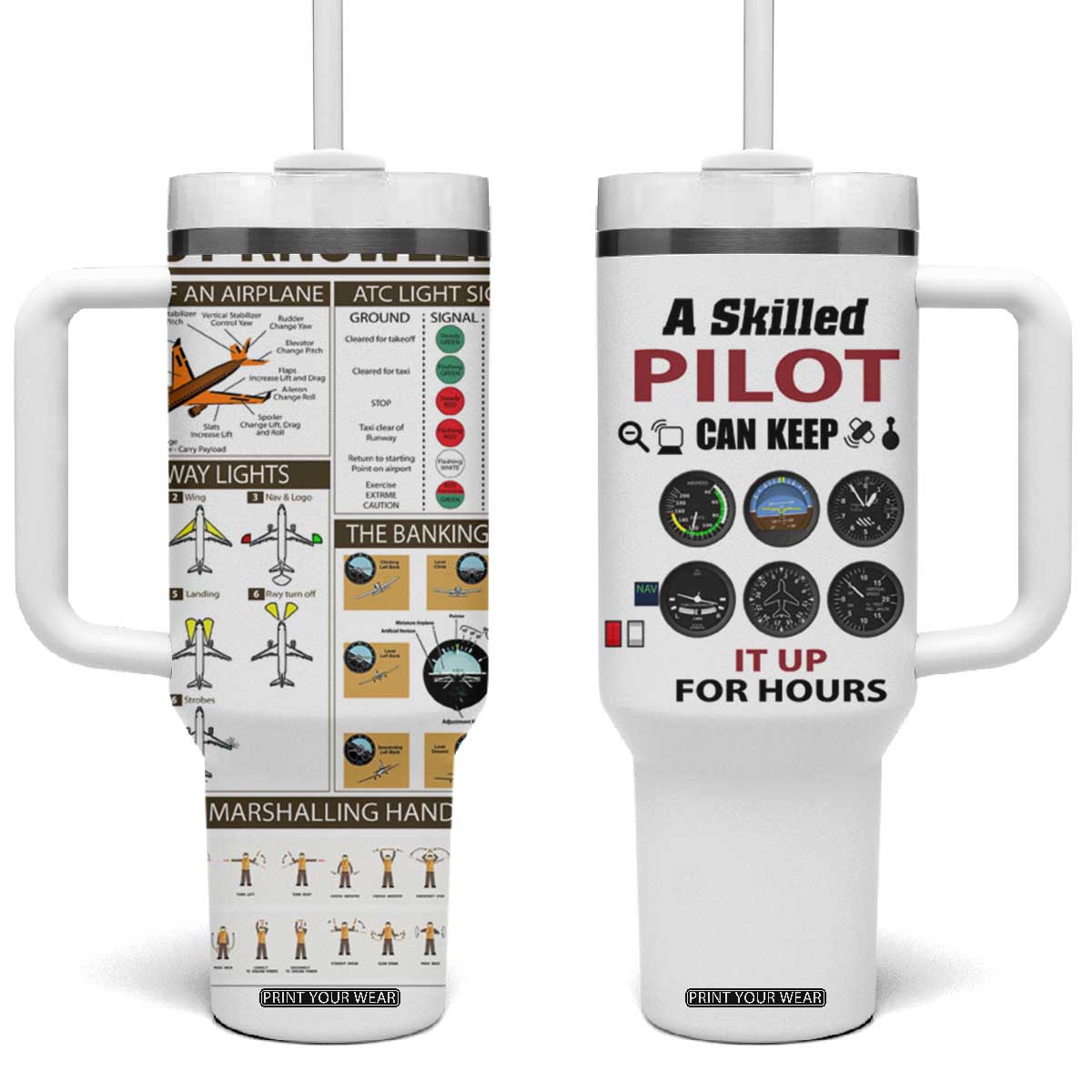 Funny Skilled Pilot Tumbler With Handle Can Keep It Up For Hours Flight Instructor Aviation Enthusiast Gift TB02 One Size: 40 oz White Print Your Wear