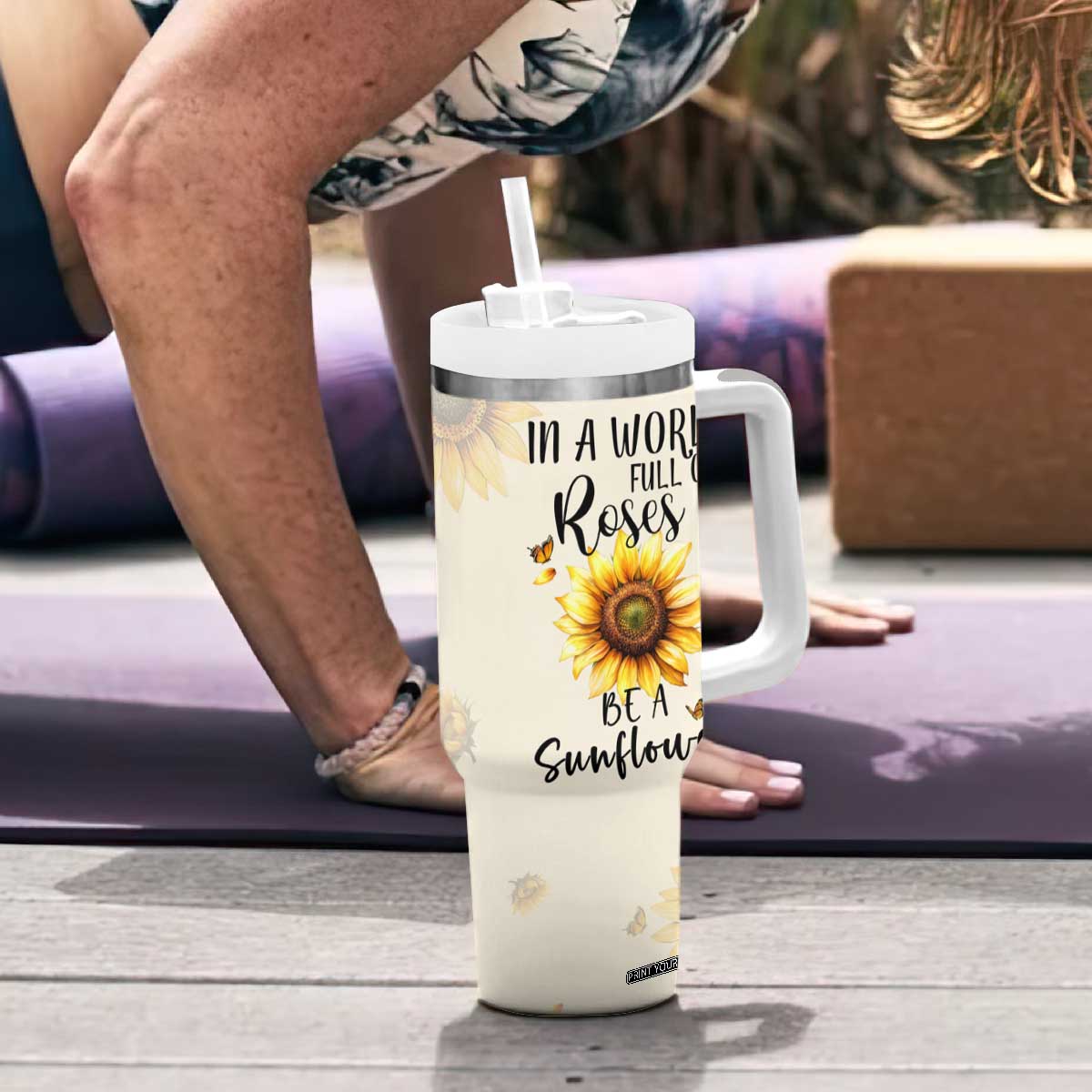 Personalized Sunflower Garden Tumbler With Handle Custom Name In A World Full Of Roses Be A Sunflower Inspirational Gift TB02 Print Your Wear