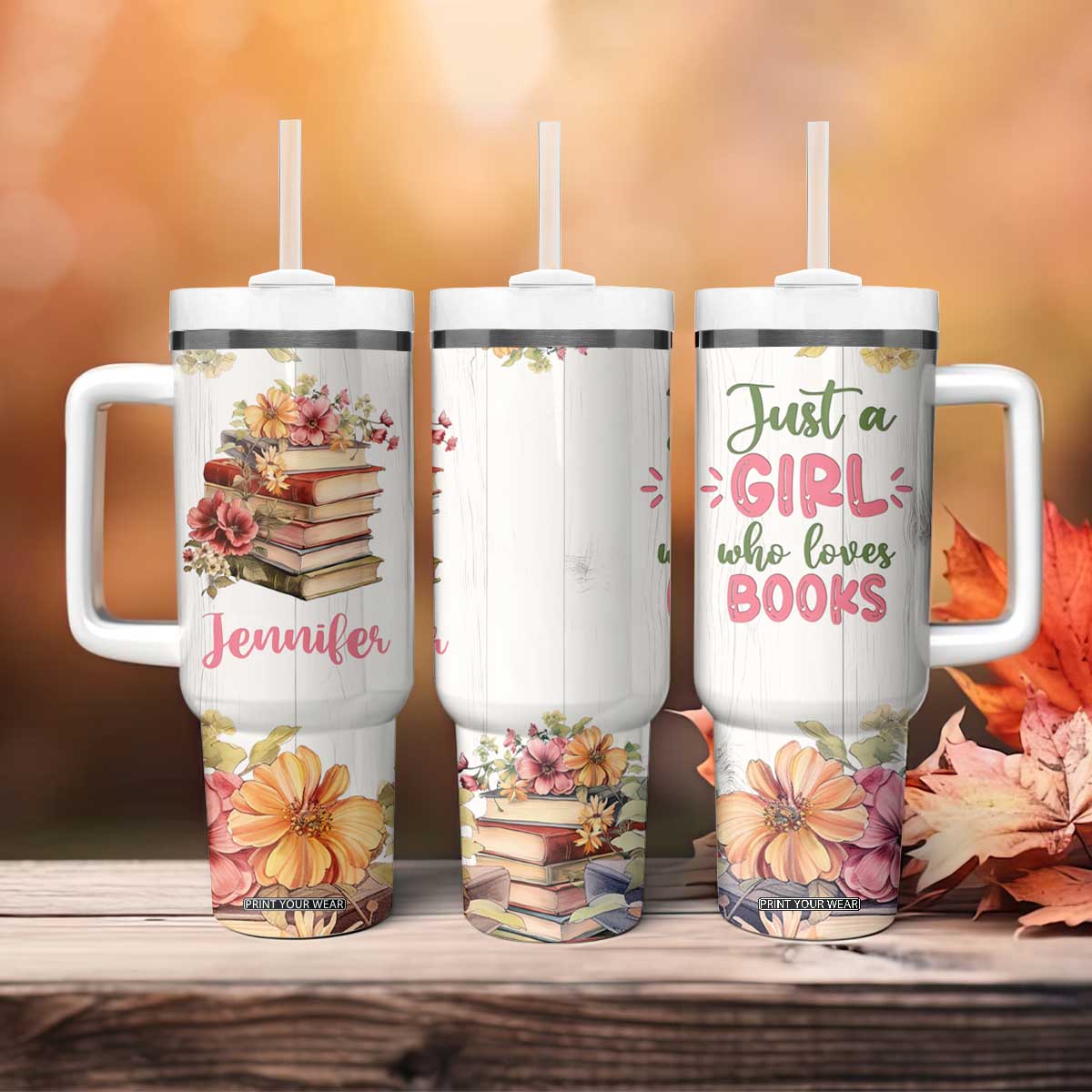 Personalized Book Lover Tumbler With Handle Custom Name Floral Just A Girl Who Loves Books Bibliophile Gift TB02 Print Your Wear