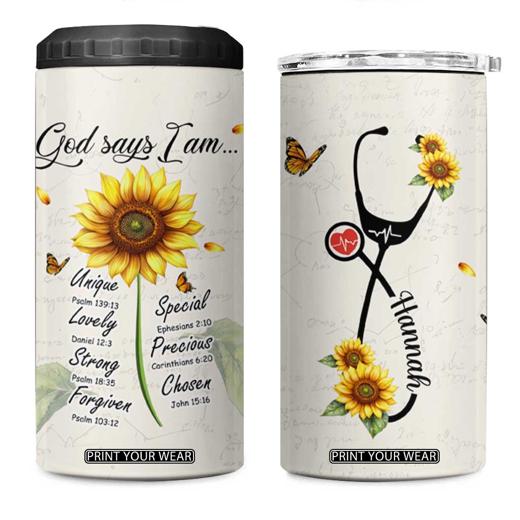 Personalized Nurse Sunflower 4 in 1 Can Cooler Tumbler Custom Name Rn Stethoscope Inspirational Christian Bible Verse Scripture TB02 One Size: 16 oz White Print Your Wear