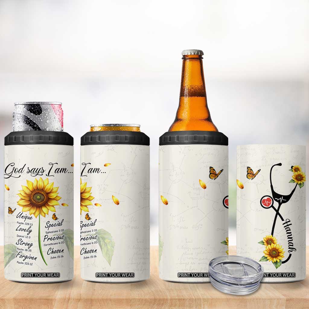Personalized Nurse Sunflower 4 in 1 Can Cooler Tumbler Custom Name Rn Stethoscope Inspirational Christian Bible Verse Scripture TB02 Print Your Wear