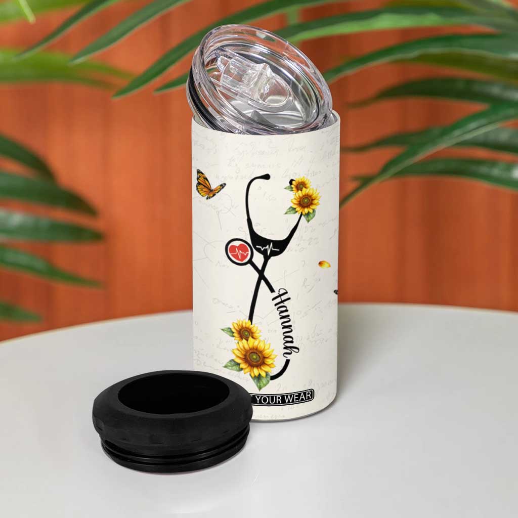 Personalized Nurse Sunflower 4 in 1 Can Cooler Tumbler Custom Name Rn Stethoscope Inspirational Christian Bible Verse Scripture TB02 Print Your Wear