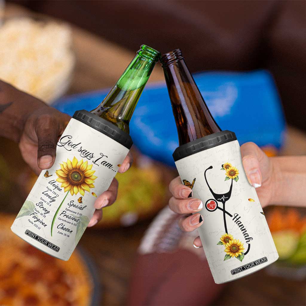 Personalized Nurse Sunflower 4 in 1 Can Cooler Tumbler Custom Name Rn Stethoscope Inspirational Christian Bible Verse Scripture TB02 Print Your Wear