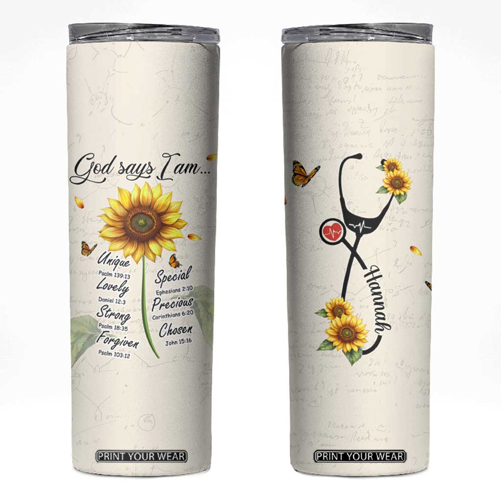 Personalized Nurse Sunflower Skinny Tumbler Custom Name Rn Stethoscope Inspirational Christian Bible Verse Scripture TB02 White Print Your Wear